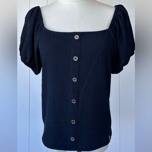 Tommy Hilfiger Smocked Pouf Sleeve Top Square Neckline Navy Size‎ Large